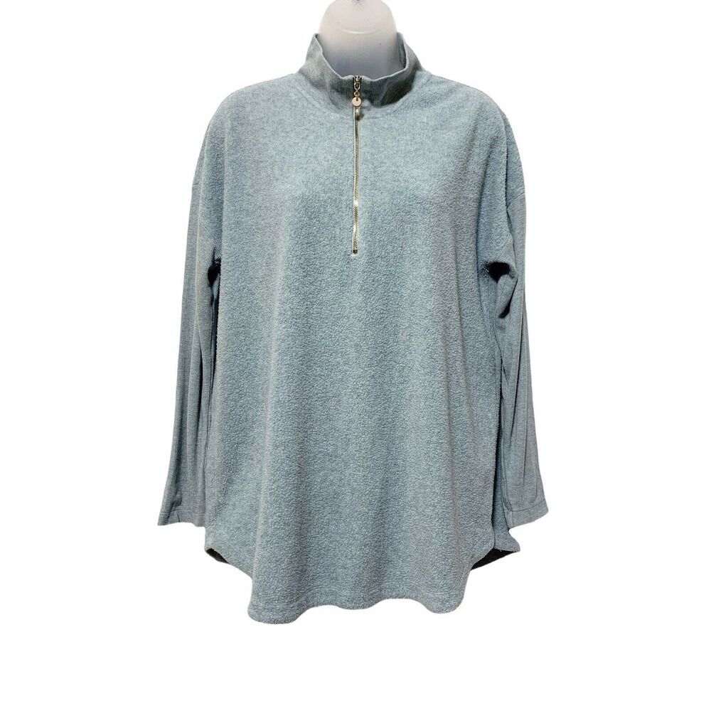 Soft Surroundings Fleece Top Size M Green with Knit Sleeves and Trim 1/4 Zip